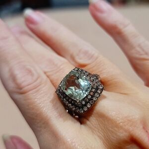 Montezuma Prasiolite ✦ Coffee Crystal Double Halo Ring ✦ Platinum Overlay 925 7